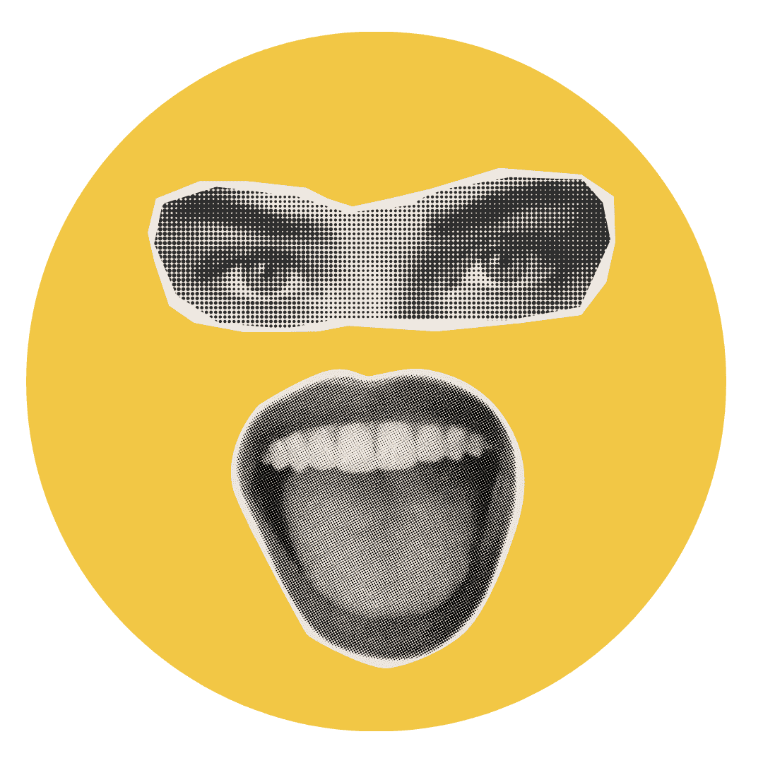 Ein gelber Kreis mit einem surrealen Gesicht, bestehend aus ausgeschnittenen, schwarz-weißen Augen mit Rastermuster und einem offenen Mund mit sichtbarer Zunge. Die Elemente erinnern an eine Collage und verleihen dem Bild eine expressive, fast humorvolle Wirkung.