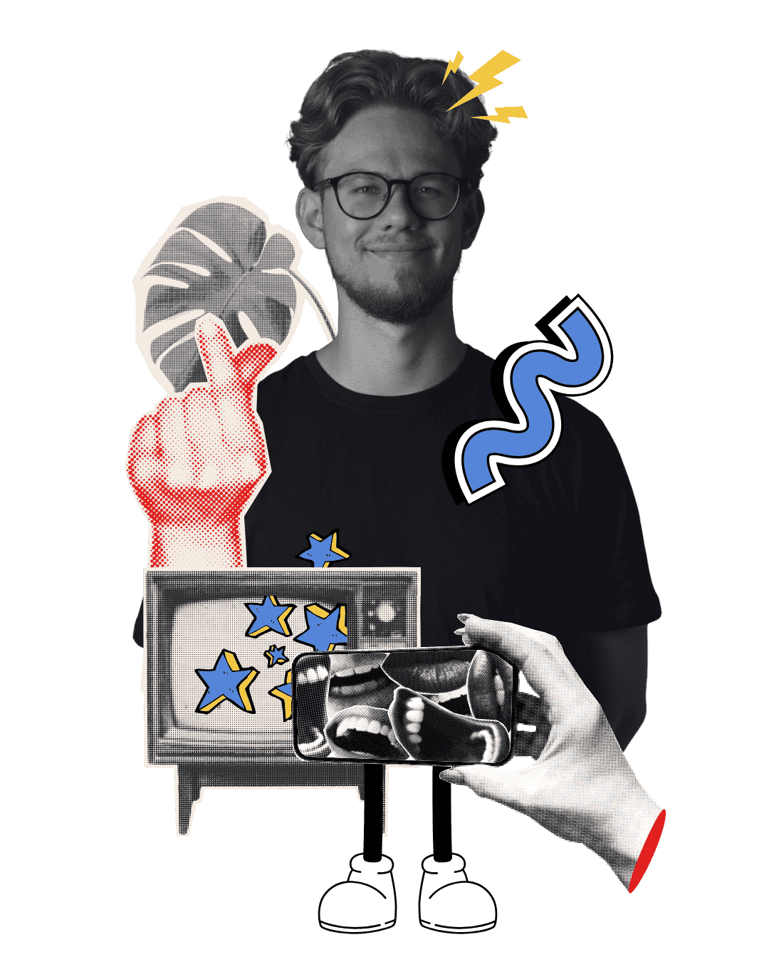 Ein kreatives, surreal anmutendes Porträt eines jungen Mannes mit Brille, schwarzem T-Shirt und einem leichten Lächeln. Um ihn herum sind Collage-Elemente eingebaut: eine rote, stilisierte Hand zeigt nach oben, ein altes Fernsehgerät mit blauen Sternen, ein Smartphone mit schwarz-weißen, aufgereihten Mündern, das auf cartoonartigen Beinen steht, sowie eine Monstera-Pflanze und grafische Blitze über seinem Kopf. Die Gesamtkomposition kombiniert Fotografie mit Pop-Art- und Collage-Elementen.
