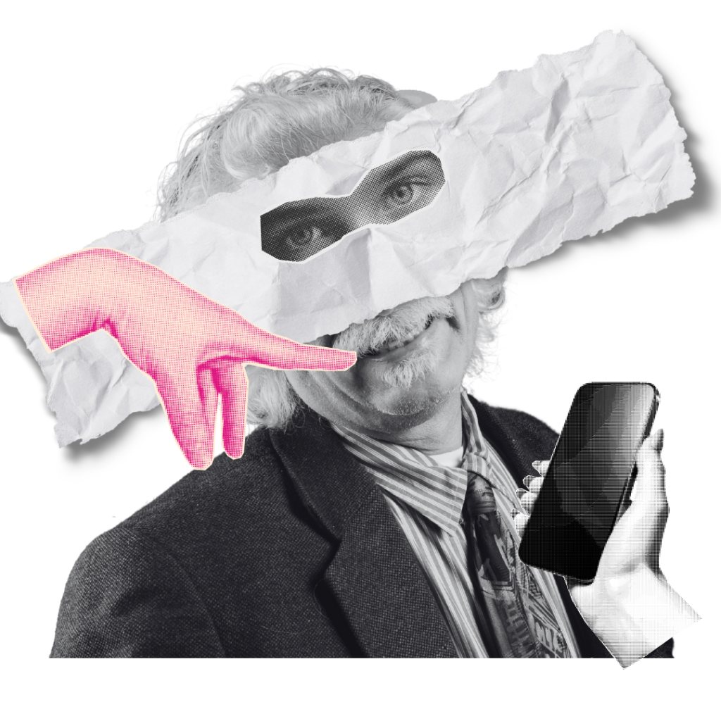 Eine surreale Collage eines älteren Mannes in Anzug und Krawatte, dessen Augen durch ausgeschnittene und auf ein zerknittertes Papier gedruckte Augen ersetzt wurden. Eine pinke, stilisierte Hand zeigt auf ihn, während eine andere, schwarz-weiße Hand ein Smartphone hält. Das Bild kombiniert Fotografie und Collage-Elemente für eine abstrakte, künstlerische Darstellung.